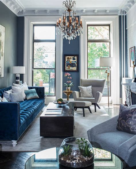 Beautiful Eclectic Style All Blue Living Room Decor With Blue Velvet