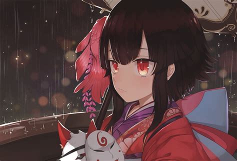 Red Eyes Anime Girls Anime Kimono Rain Wallpapers Hd