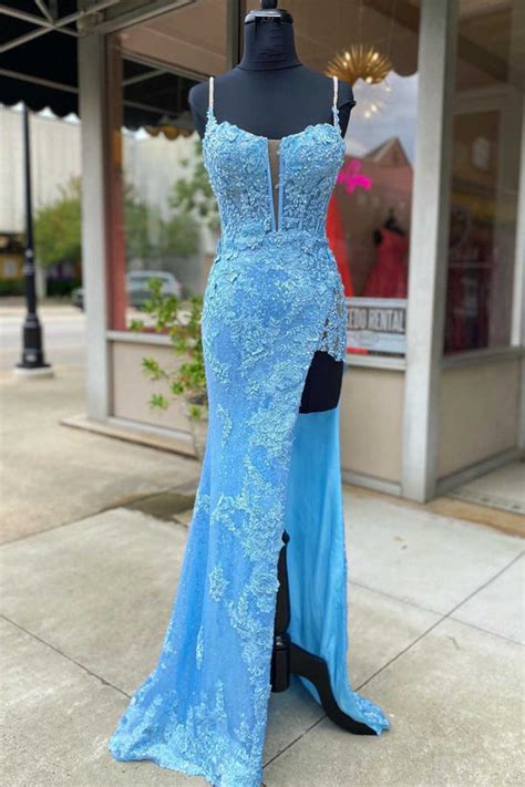 Sheath Spaghetti Straps Appliques And Sequins Long Prom Dress With Slit