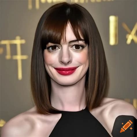 Anne Hathaway With A Sleek Bob Haircut And Black Turtleneck