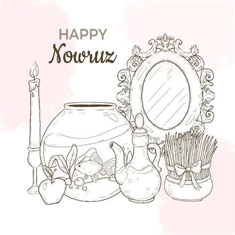 Free Vector Hand Drawn Happy Nowruz Illustration With Mirror And Fishbowl