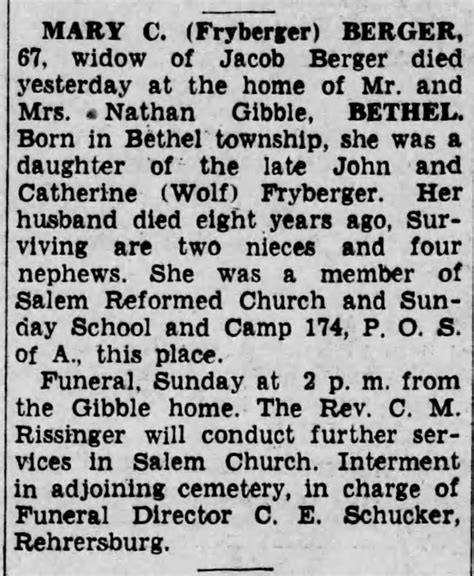 Death Of Mary C Berger Nee Fryberger Widow Of Jacob Berger