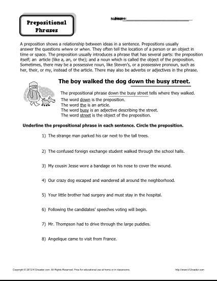 Prepositional Phrase Worksheets Printable 8th Grade