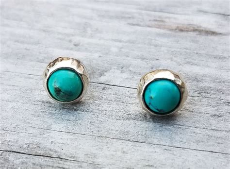 Unique Natural Turquoise Stud Earrings Hammered Sterling Etsy