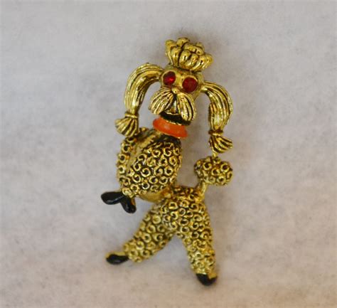 Vintage Gold Tone Poodle Pin Brooch With Enamel And