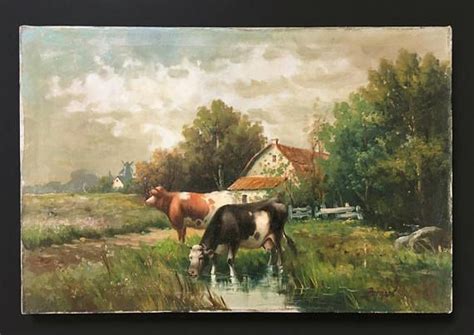 Antique Landscape With Cows Signed Original Oil On Canvas Etsy