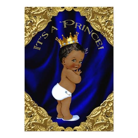 Blue And Gold African American Prince Baby Shower Invitation