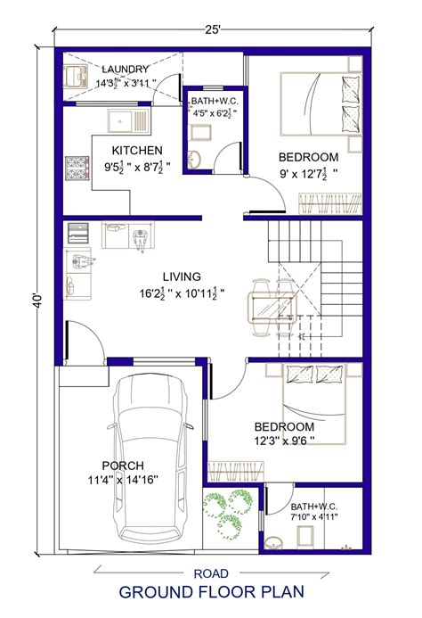 25 X 40 House Plan 2 Bhk 1000 Sq Ft House Design Architego