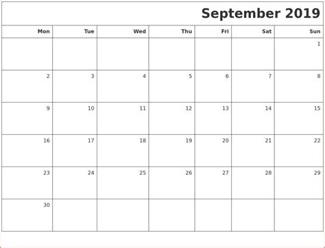 Editable September 2019 Blank Template Calendar Printables 2019