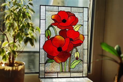 Stained Glass Panel Poppies Stained Glass Window Hanging Red Etsy