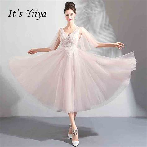 Its Yiiya Backless Flower Tea Length Prom Gown Beading Elegant V Neck