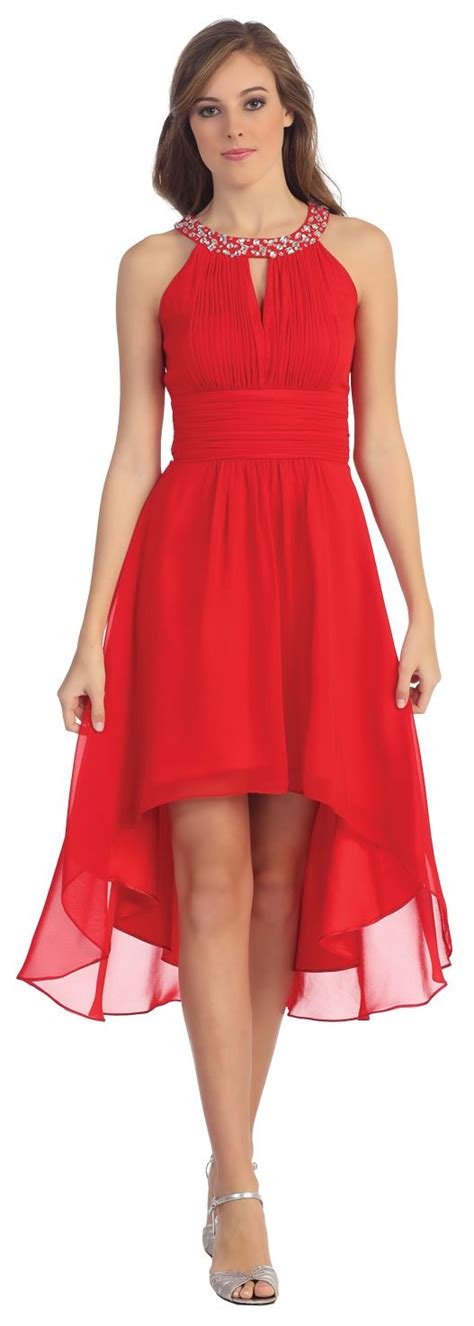 Semi Formal Red High Low Dress Jewel High Neck Keyhole Bodice Red