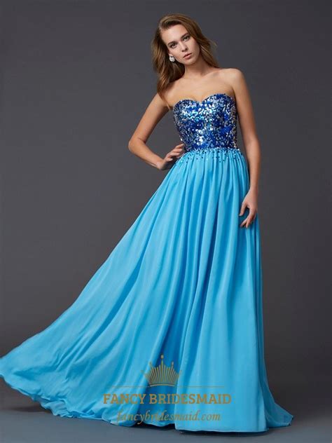 Looking for a glam style for your next night out? Aqua Blue Strapless A-Line Chiffon Long Prom Dress With ...
