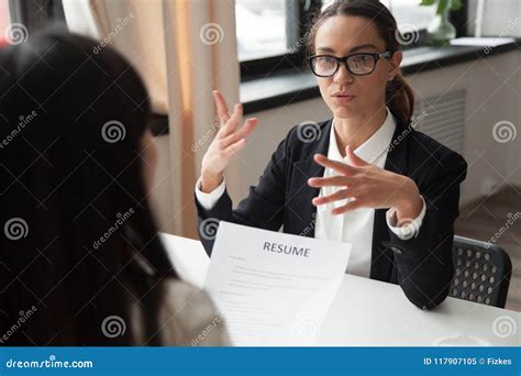 Confident Millennial Female Applicant In Glasses Talking At Job Stock Image Image Of Person