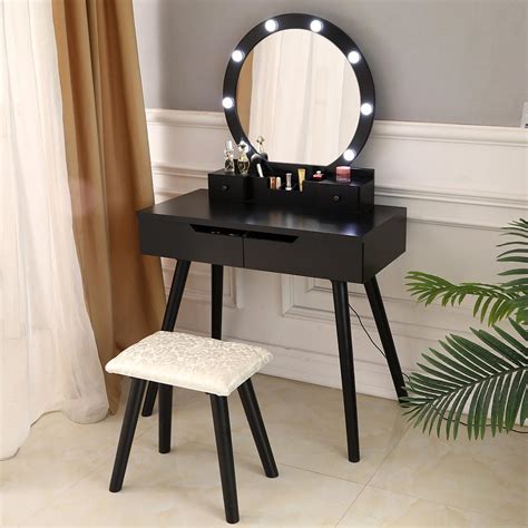 Add elegant style to your bedroom with this led lighted makeup vanity table and stool set. Vanity Set Makeup Dressing Table with 10 led Lights Round ...