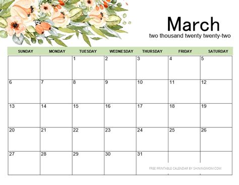 Free Printable March 2022 Calendar 12 Awesome Designs