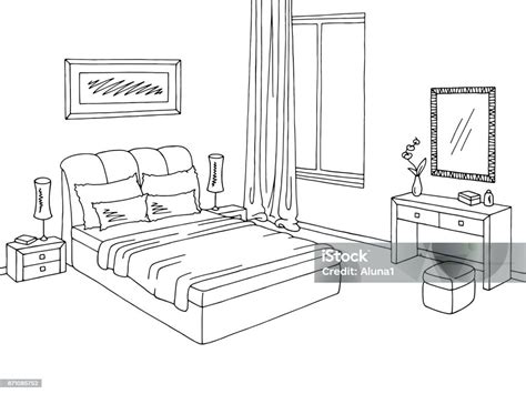 Bedroom Graphic Black White Interior Sketch Illustration Vector Stock