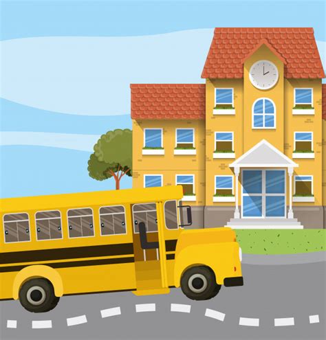 Free School Building And Bus In The Road Scene Free Vector Nohatcc