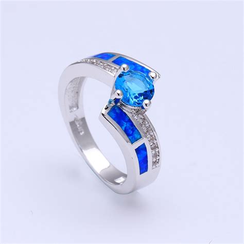 Elegant Fashion Blue Fire Female Opal Ring White Gold Color Jewelry Vintage Party Engagement