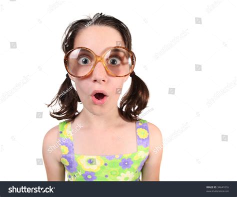 Goofy Nerdy Girl Wearing Eyeglasses On White Background Stock Photo