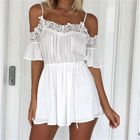 Madelyn Crotchet Cold Shoulder Chiffon Tie Up Romper Playsuit Classy Summer Outfits Casual