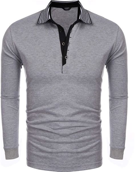 Coofandy Men S Long Sleeve Polo Shirt Striped Collar Casual Slim Fit Cotton Polo T Shirts Grey