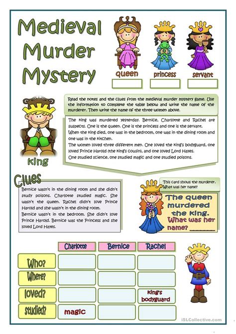 There are a variety of printable board game layouts and templates on different topics that you can download free. MEDIEVAL MURDER MYSTERY worksheet - Free ESL printable ...