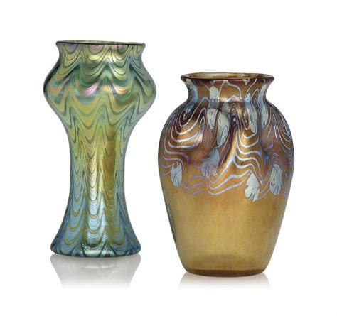 Two Loetz Iridescent Glass Vases Circa 1900 Green Vase Engraved