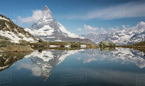Switzerland Matterhorn Reflected In Riffelsee Lake Stock Photo