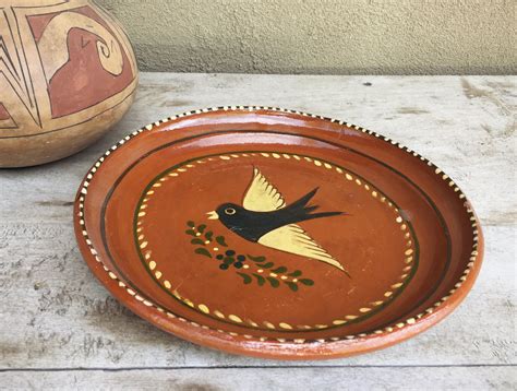 Mexican Pottery Plate Black Bird Decor Redware Mexican Decor Capula