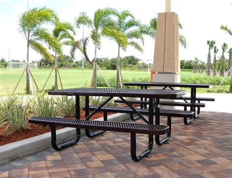 Whether for an outdoor bar or a food court, our outdoor patio table sets range from dining height to bar height with matching dining chairs and bar stools. 6-Ft. Rectangular Expanded Metal Picnic Table | Metal picnic tables