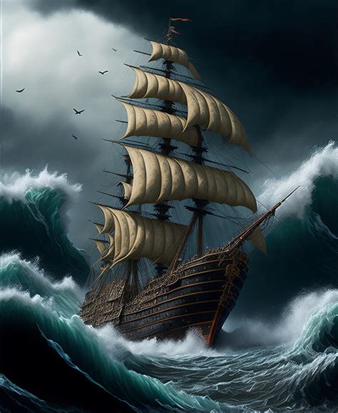 2th Century Ship In A Stormy Oceangigantic Waves Painting Model