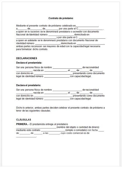 Contrato de préstamo Ejemplos y Formatos Word PDF