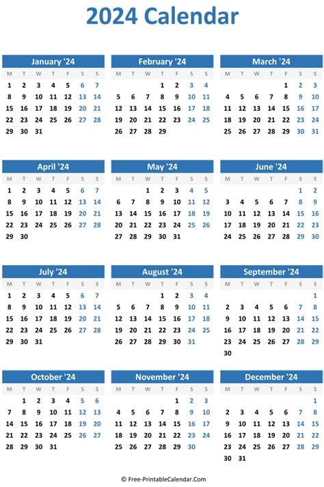 2024 Year Calendar Yearly Printable Free Download Printable Calendar