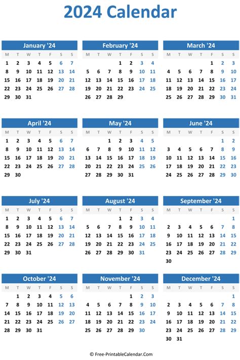 2024 Yearly Calendar In Excel Pdf And Word