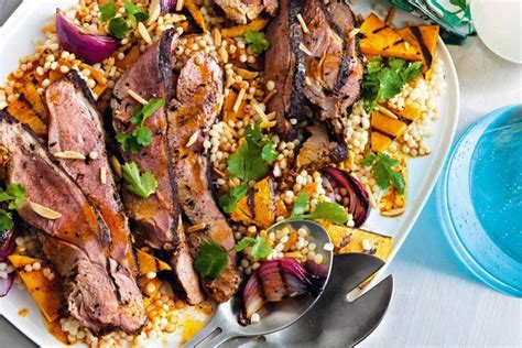 Served with potato mash or couscous, it's a wonderful dish. Butterflied lamb with pumpkin and couscous salad