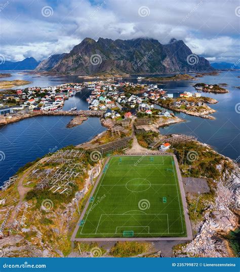 Aerial View Of Football Field Or Soccer Field In The Henningsvaer With