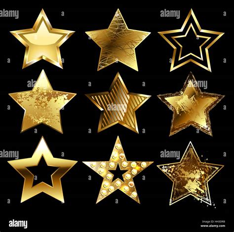 Set Of Gold Stars With A Variety Of Textures On A Black Background Design With Stars Stock