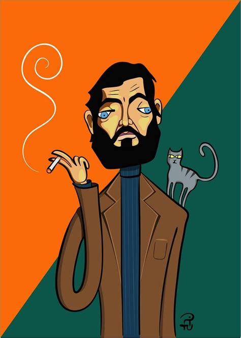 Julio Cortazar Fumando Con Su Gato Ilustración De Pitu Saa Julio