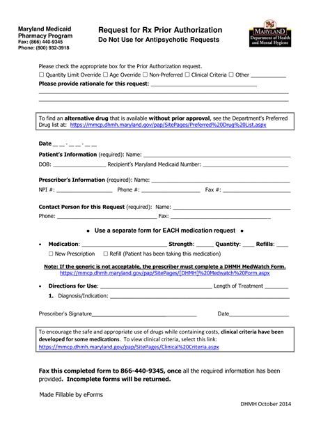 Free Maryland Medicaid Prior Rx Authorization Form Pdf Eforms