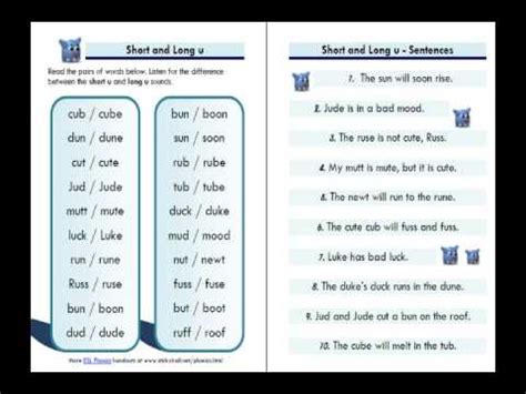 The following diagram shows some examples of short i and long i words. ESL Phonics Lesson: "Short u" and "Long u" - Word List and ...