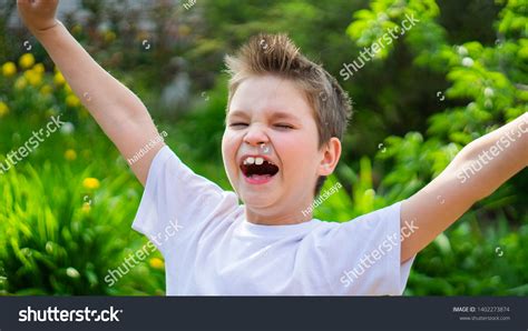 Happy Laughing Boy Hands Spreading Open Stock Photo 1402273874