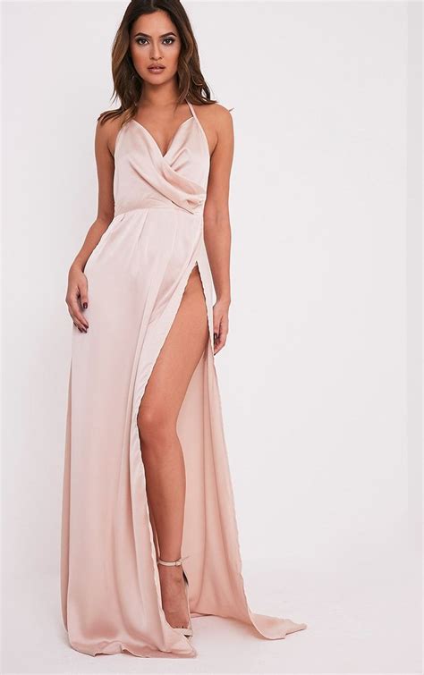 Lucie Champagne Silky Plunge Extreme Split Maxi Dress Split Maxi Dress Maxi Dress Chic Maxi