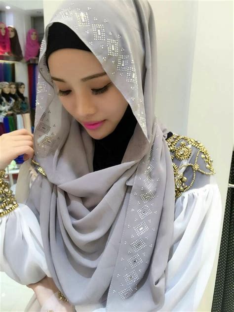 Women Hijab Long Scarf Muslim Headscarf Silk Hot Drilling Solid Head