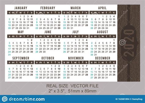 Pocket Calendar 2020 Start On Sunday Stock Vector Illustration Of