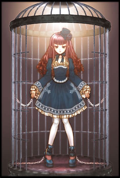 Ryuuran 1girl Bdsm Blue Eyes Bondage Bound Cage Chain Cross Frills Goth Fashion