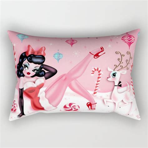 christmas pinup girl with reindeer rectangular pillow by fluffshop society6