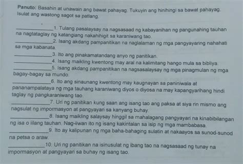 Panuto Basahin At Unawain Ang Bawat Pahayag Tukuyin Ang Hinihingi Sa