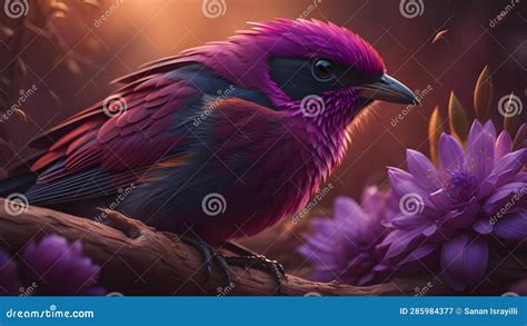 Beautiful Red Bird On The Branch With Purple Lotus Flower In The Garden