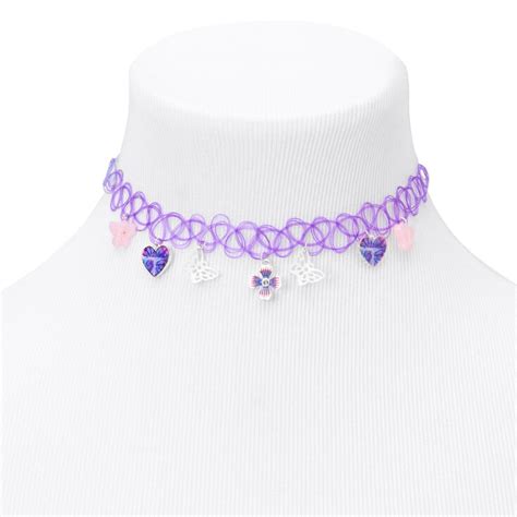 Hearts And Butterflies Tattoo Choker Necklace Purple Claires